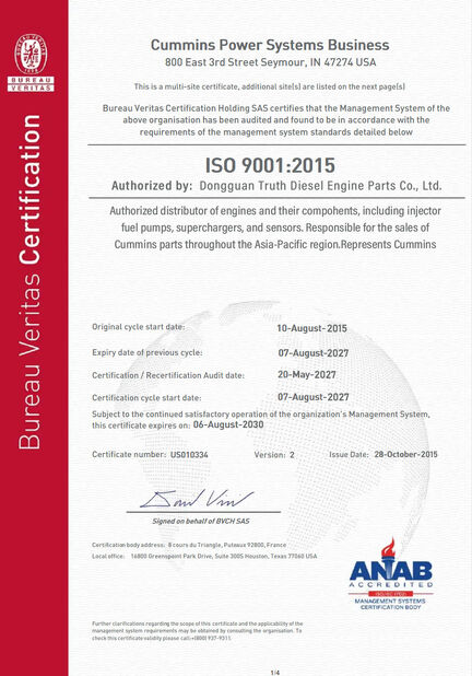 Porcellana Dongguan Truth Diesel Engine Parts Co., Ltd. Certificazioni